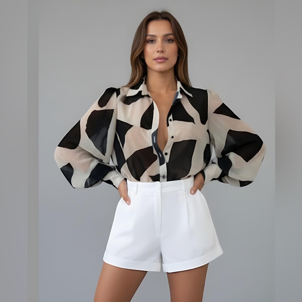 Geo Print Semi Sheer Blouse - Picture 2 of 10